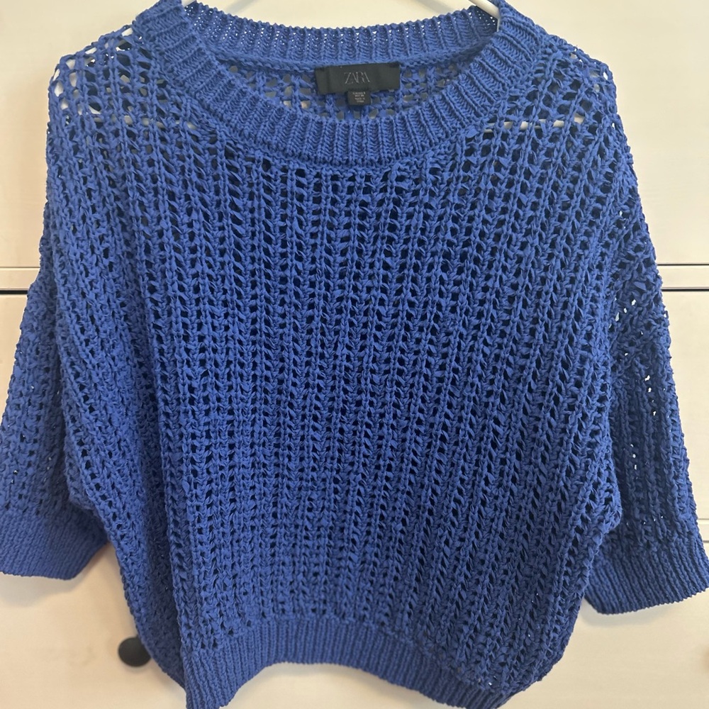 Zara Women's Vibrant Blue Open-Knit Sweater - Picture 1 of 2